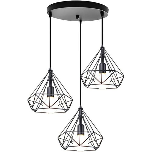 Suspension Industrielle Diamant 3 Lumière Abat-jour Métal Pour Restaurant Salle Chambre Noir