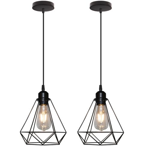 Lot De 2 Suspension Cage Diamant E27 Lustre Abat-jour Métal Pour Salle Salon Chambre Noir