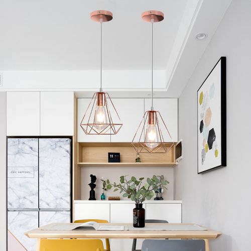 2 Pack Suspension Cage Diamant Moderne E27 Lustre Abat-jour Métal Pour Salon Cuisine Salle Rose