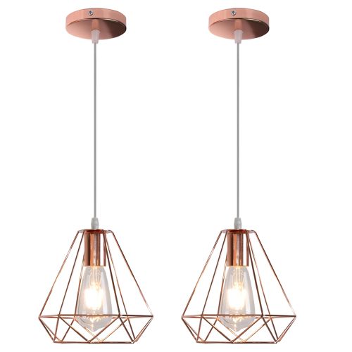 2 Pack Suspension Cage Diamant Moderne E27 Lustre Abat-jour Métal Pour Salon Cuisine Salle Rose