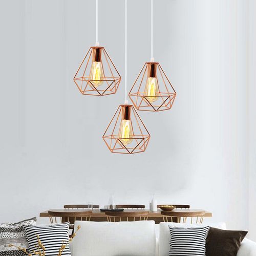 Suspension Cage Diamant Moderne 3 Lampes Lustre Abat-jour Métal Pour Salon Cuisine Salle Rose