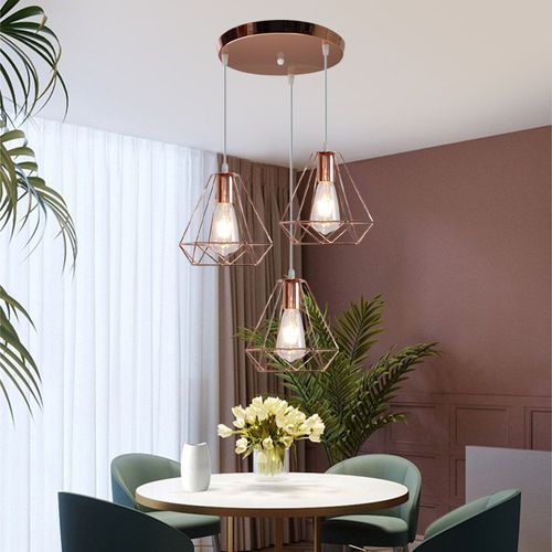 Suspension Cage Diamant Moderne 3 Lampes Lustre Abat-jour Métal Pour Salon Cuisine Salle Rose