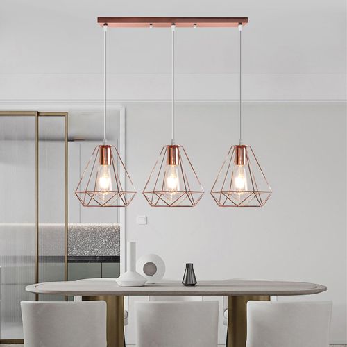 Suspension Cage Diamant Moderne 3 Lustre Abat-jour Métal E27 Pour Salon Cuisine Salle Rose