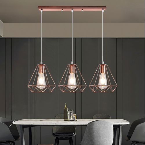 Suspension Cage Diamant Moderne 3 Lustre Abat-jour Métal E27 Pour Salon Cuisine Salle Rose