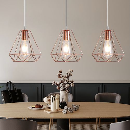 Suspension Cage Diamant Moderne 3 Lustre Abat-jour Métal E27 Pour Salon Cuisine Salle Rose
