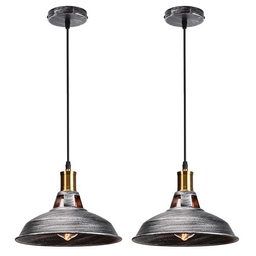 2 Pack Suspension Industrielle Vintage E27 Lustre Abat-jour Retro Pour Cuisine Salon Chambre Argenté