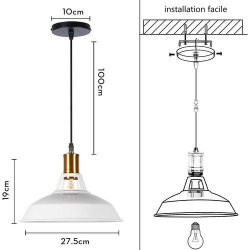Lot De 3 Suspension Industrielle Vintage E27 Lustre Abat-jour Pour Cuisine Salon Chambre Blanc