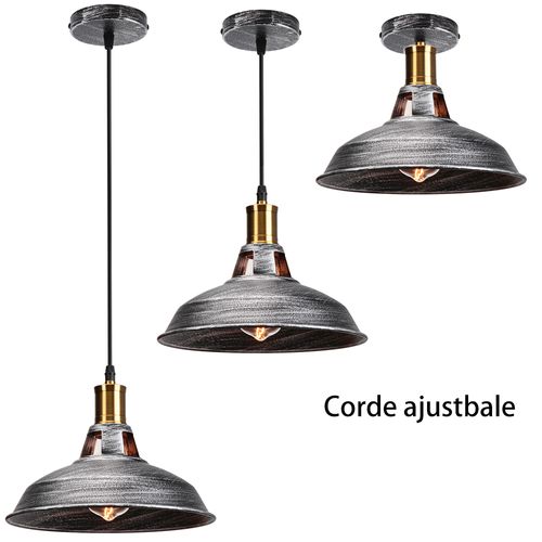 Lustre Suspension Industrielle Vintage E27 Plafonnier Abat-jour Pour Cuisine Salon Chambre Argenté