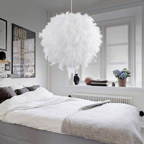 Suspension En Plumes 30cm E27 Lustre Pour Salle Salon Chambre De Enfant Blanc