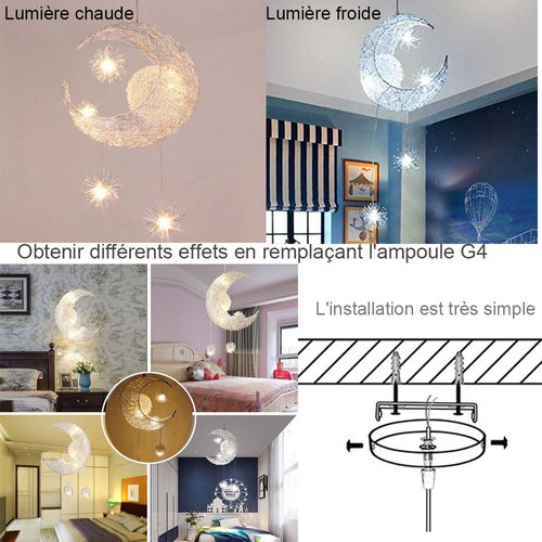 Suspension Lune Étoiles LED Lustre Moderne Avec 5 Ampoules Lumière Blanche Chaude