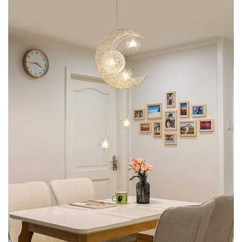 Suspension Lune Étoiles LED Lustre Moderne Avec 5 Ampoules Lumière Blanche Chaude