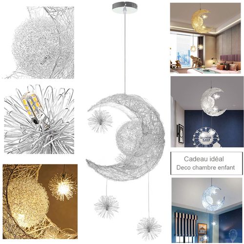 Suspension Lune Étoiles LED Lustre Moderne Avec 5 Ampoules Lumière Blanche Chaude