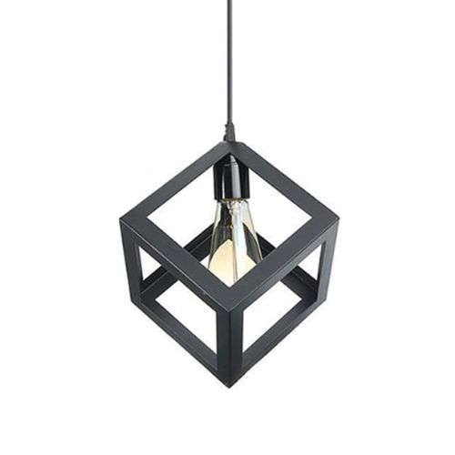 Suspension Moderne Géométrique Cube E27 Lustre Industriel Luminaire Abat-jour Métal Noir