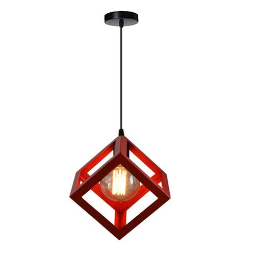 Suspension Moderne Géométrique Cube E27 Lustre Industriel Luminaire Abat-jour Métal Rouge