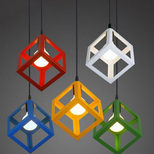 Suspension Moderne Géométrique Cube E27 Lustre Industriel Luminaire Abat-jour Métal Vert