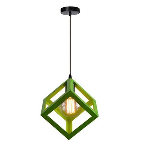 Suspension Moderne Géométrique Cube E27 Lustre Industriel Luminaire Abat-jour Métal Vert
