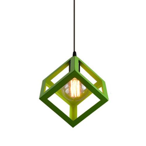 Suspension Moderne Géométrique Cube E27 Lustre Industriel Luminaire Abat-jour Métal Vert
