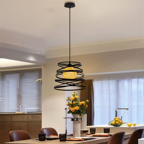 Suspension Industrielle 30cm E27 Lustre Abat-jour Ressort Moderne Plafonnier Sans Ampoule Noir