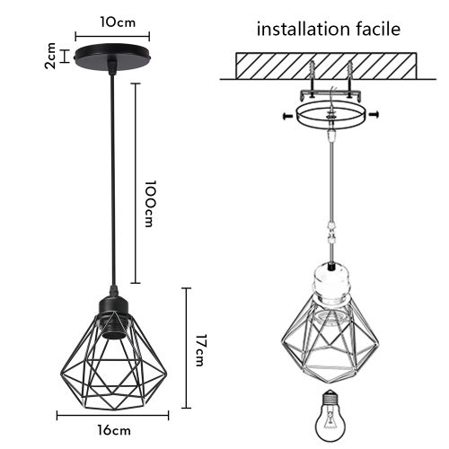 Lustre Suspension Industriel E27 Eclairage De Plafond Vintage Cage Pour Salon Chambre Salle Noir