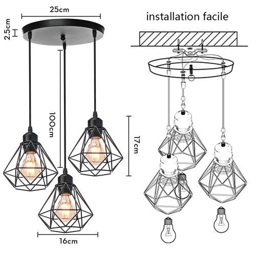 Suspension Industrielle Vintage E27 Lustre Abat-jour Cage Pour Salon Chambre Couloir Noir
