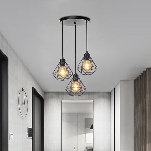 Suspension Industrielle Vintage E27 Lustre Abat-jour Cage Pour Salon Chambre Couloir Noir