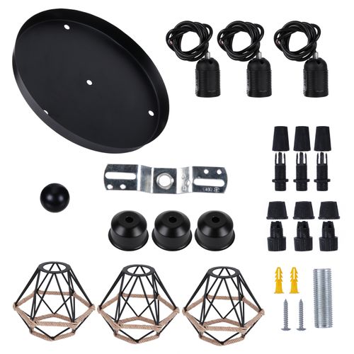 Lustre Suspension Industriel 3 Lampe Interieur Métal Plafonnier Pour Salon Chambre Cuisine Noir