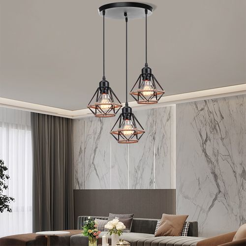Lustre Suspension Industriel 3 Lampe Interieur Métal Plafonnier Pour Salon Chambre Cuisine Noir