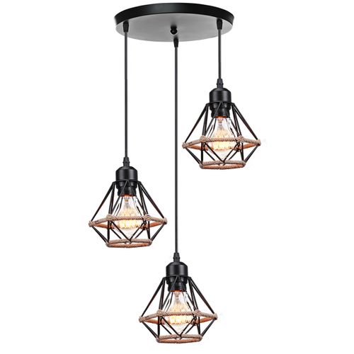 Lustre Suspension Industriel 3 Lampe Interieur Métal Plafonnier Pour Salon Chambre Cuisine Noir