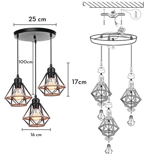 Lustre Suspension Industriel 3 Lampe Interieur Métal Plafonnier Pour Salon Chambre Cuisine Noir