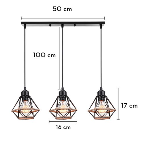 Lustre Suspension Industriel 3 Lampes De Plafond Plafonnier E27 Pour Salon Chambre Cuisine Noir