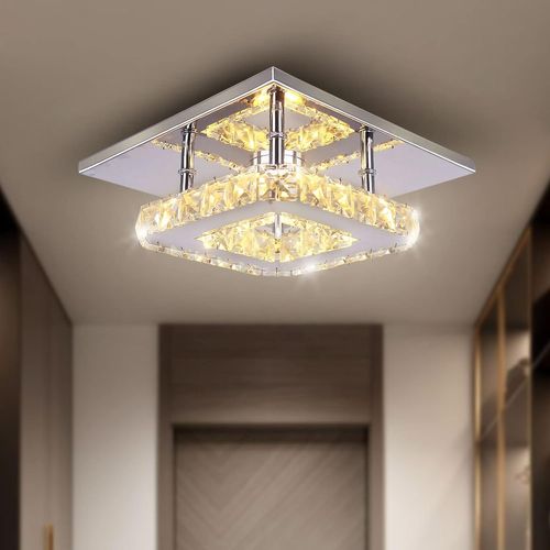 Moderne LED Plafonnier Cristal Miroir Acier Inoxydable Luminaire Lustre Eclairage 12w Blanc Chaud