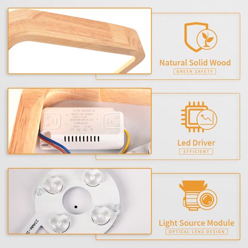Plafonnier LED Bois Lampe De Plafond Carré 30cm Pour Salon Chambre Entrée Lumière Naturelle 4500k