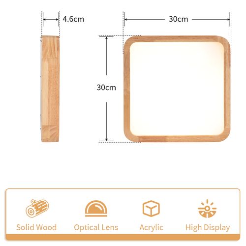Plafonnier LED Bois Lampe De Plafond Carré 30cm Pour Salon Chambre Entrée Lumière Naturelle 4500k