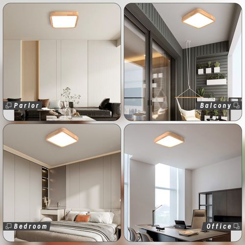 Plafonnier LED Bois Lampe De Plafond Carré 30cm Pour Salon Chambre Entrée Lumière Naturelle 4500k