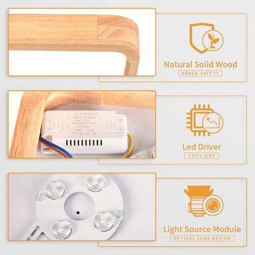 Plafonnier LED Bois Lampe De Plafond Carré 30cm Pour Salon Chambre Entrée Lumière Froide 6000k