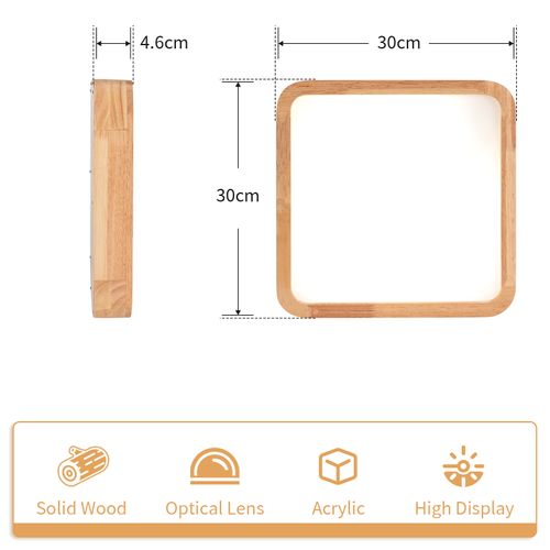 Plafonnier LED Bois Lampe De Plafond Carré 30cm Pour Salon Chambre Entrée Lumière Froide 6000k