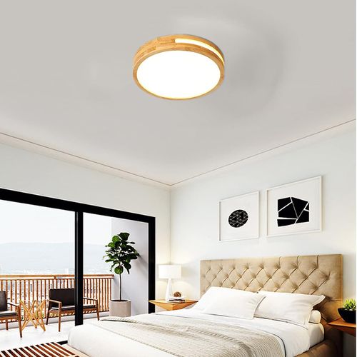 Plafonnier LED Bois 20cm Lampe De Plafond Rond Pour Salon Chambre Couloir 6000k Lumière Froide