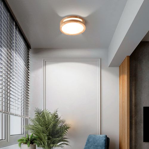 Plafonnier LED Bois 20cm Lampe De Plafond Rond Pour Salon Chambre Couloir 6000k Lumière Froide