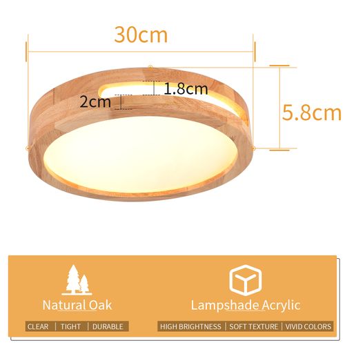 Plafonnier LED Bois 30cm Lampe De Plafond Rond Pour Salon Chambre Couloir 3000k Lumière Chaude