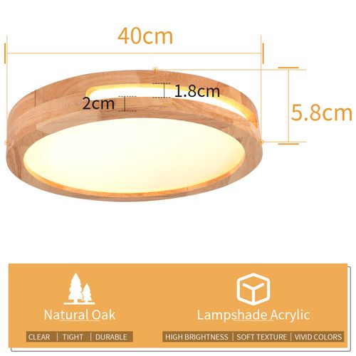 Plafonnier LED Bois 40cm Lampe De Plafond Rond Pour Salon Chambre Couloir 3000k Lumière Chaude