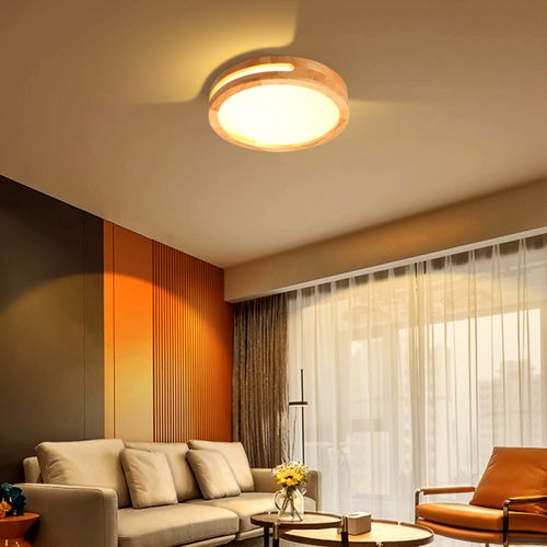 Plafonnier LED Bois 40cm Lampe De Plafond Rond Pour Salon Chambre Couloir 3000k Lumière Chaude