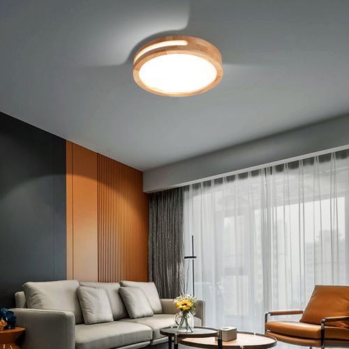 Plafonnier LED Bois 40cm Lampe De Plafond Rond Pour Salon Chambre Couloir 6000k Lumière Froide