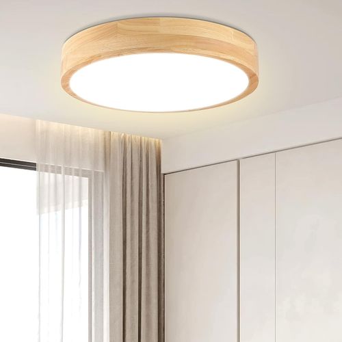 Plafonnier LED 24w 30cm Lampe De Plafond Rond Bois Pour Cuisine Couloir Chambre Lumière Naturelle