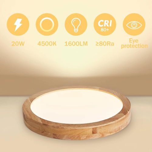 Plafonnier LED 24w 30cm Lampe De Plafond Rond Bois Pour Cuisine Couloir Chambre Lumière Naturelle