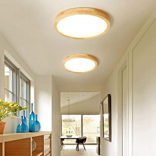 Plafonnier LED 24w 40cm Lampe De Plafond Rond Bois Pour Cuisine Couloir Chambre Lumière Naturelle