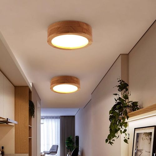 Plafonnier LED En Bois Lampe De Plafond Moderne Rond 20cm Pour Salon Chambre Couloir Lumière Chaude