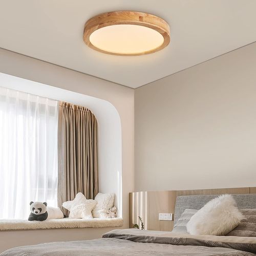 Plafonnier LED En Bois Lampe De Plafond Moderne Rond 40cm Pour Salon Chambre Couloir Lumière Chaude