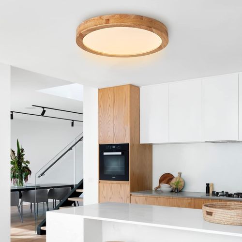 Plafonnier LED En Bois Lampe De Plafond Moderne Rond 40cm Pour Salon Chambre Couloir Lumière Chaude
