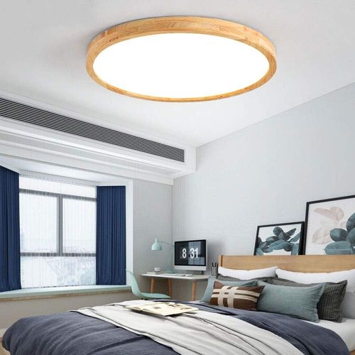 Plafonnier LED En Bois Lampe De Plafond Moderne Rond 40cm Pour Salon Chambre Couloir Lumière Froide