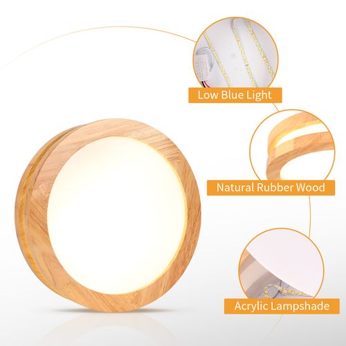 Plafonnier LED Bois Rond 20cm Éclairage De Plafond Pour Chambre Salon Couloir Lumière Naturelle